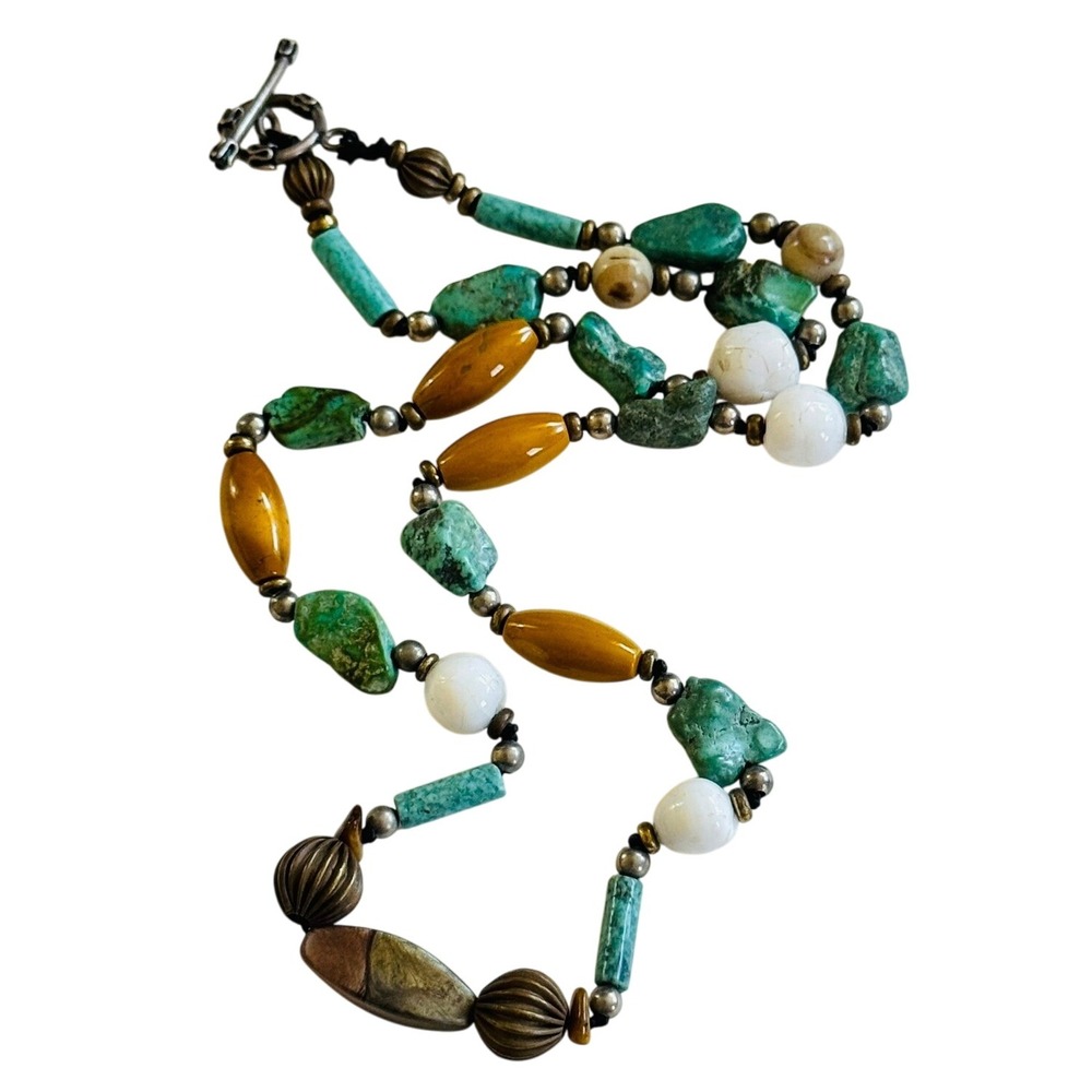 VTG Necklace Turquoise tigers eye mother of pearl Beads BOHO silver brassโ 21"
